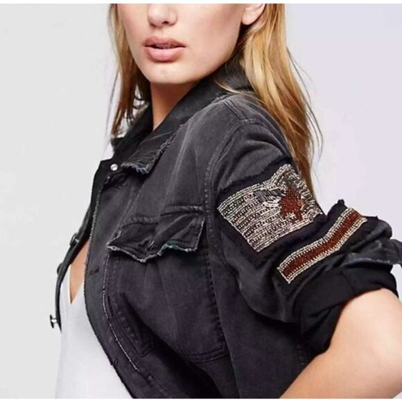Free People Embellished Black Military Utilitarian Shirt Jacket Eagle Size M - Picture 7 of 15